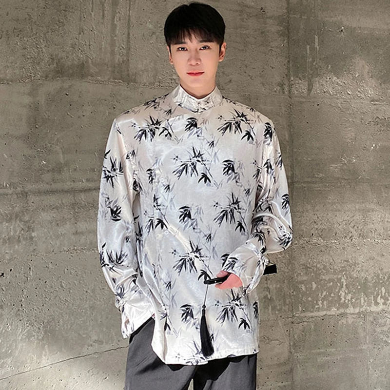 Leaves Printed Side Button Chinese Style Shirt