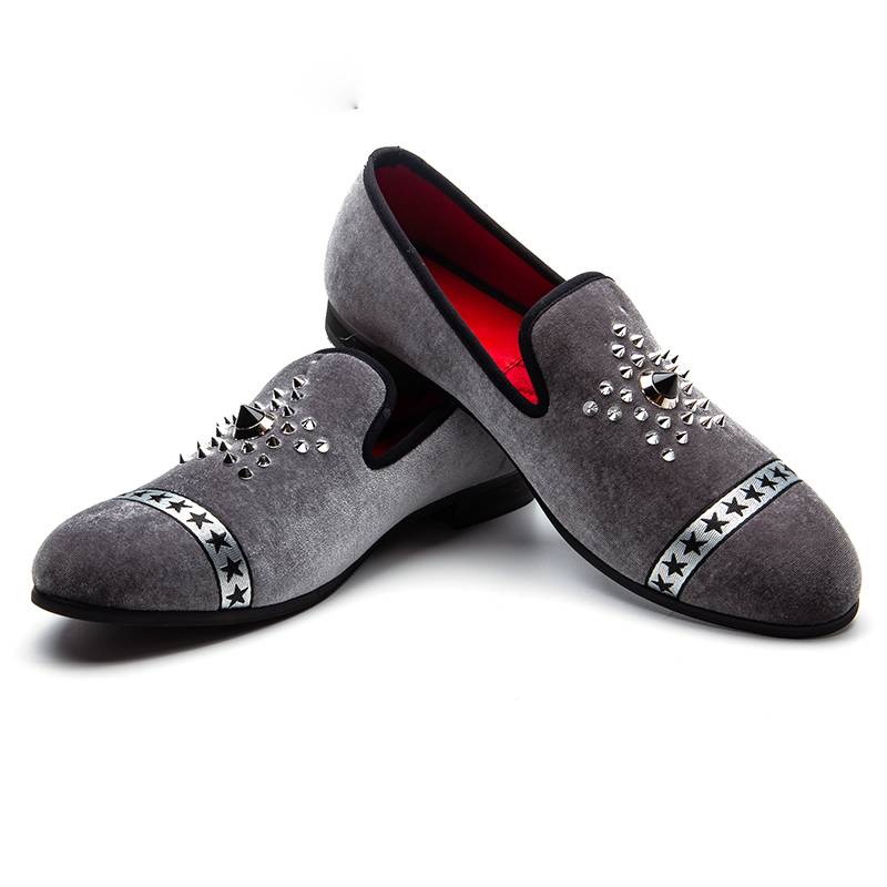 Gray Velvet Star Rivets Men Loafers Shoes