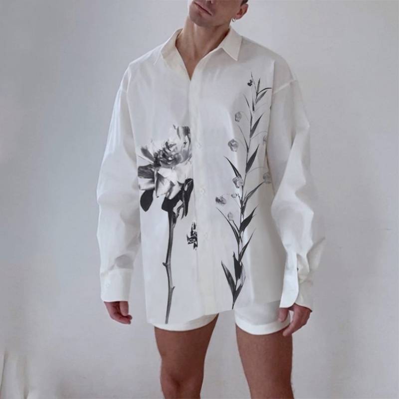 White Black Leaves Printed Long Sleeve Shirt Short Sets