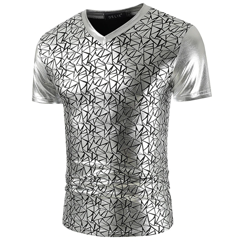 Geometric Cuts Pattern Men Metallic V Neck T-Shirt