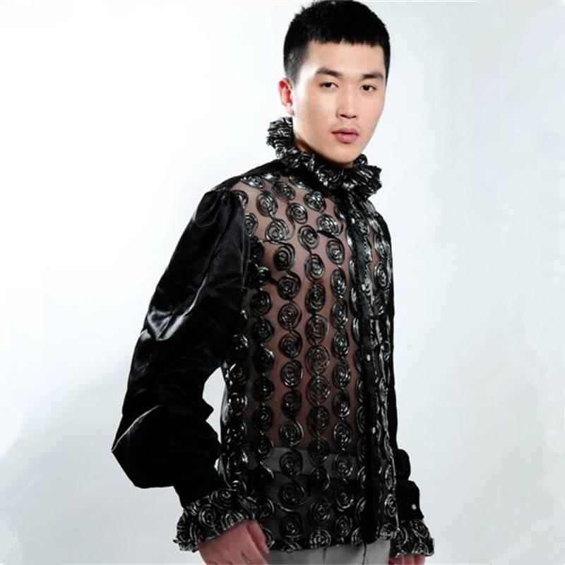 Sexy See Through Twirl Pattern Costume Design Men Shirt