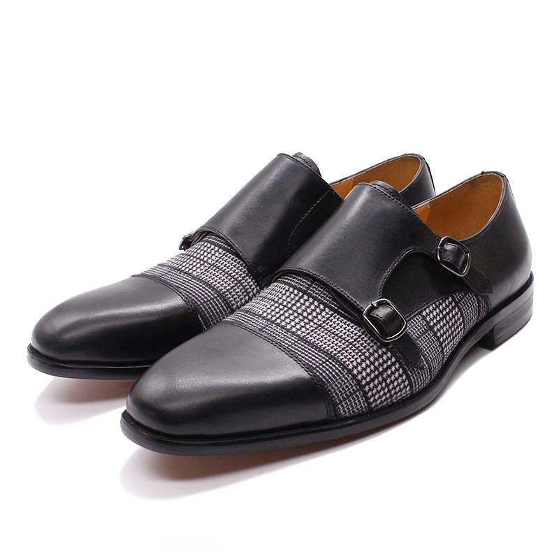 Plaids Patchwork Leather Double Monk Strap Pointed Toe Men Shoes