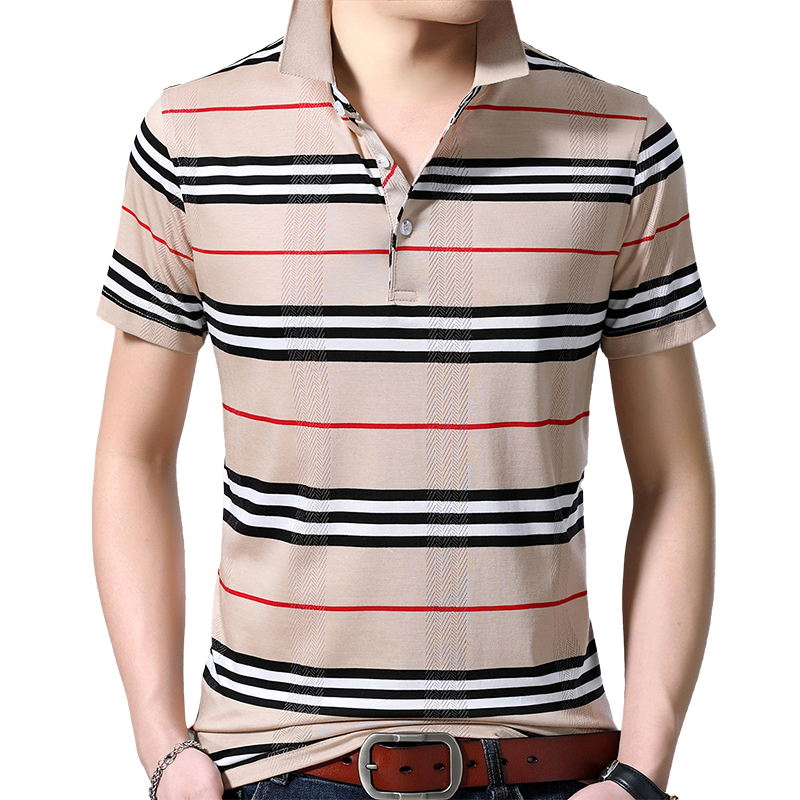 Horizontal Striped Plaid Combination Short Sleeve Men Polo