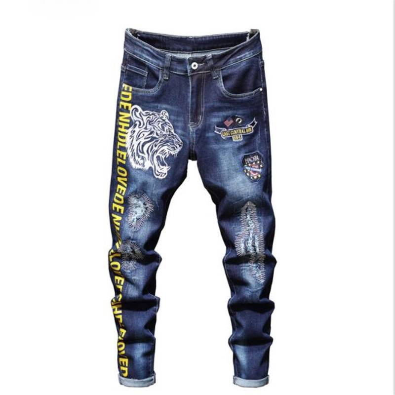 Yellow Letters and White Tiger Head Embroidery Slim Style Men Jeans