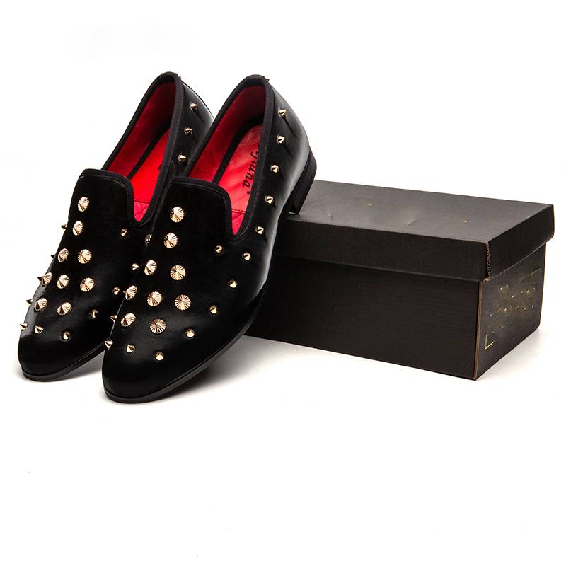 Solid Black with Gold Rivets Men Loafers Shoes