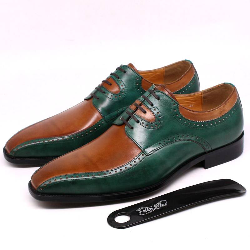 Italian Handmade Leather Green & Camel Brogue Shoes