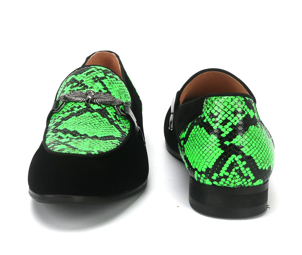 Black Green Snake Pattern Men Loafers Shoes