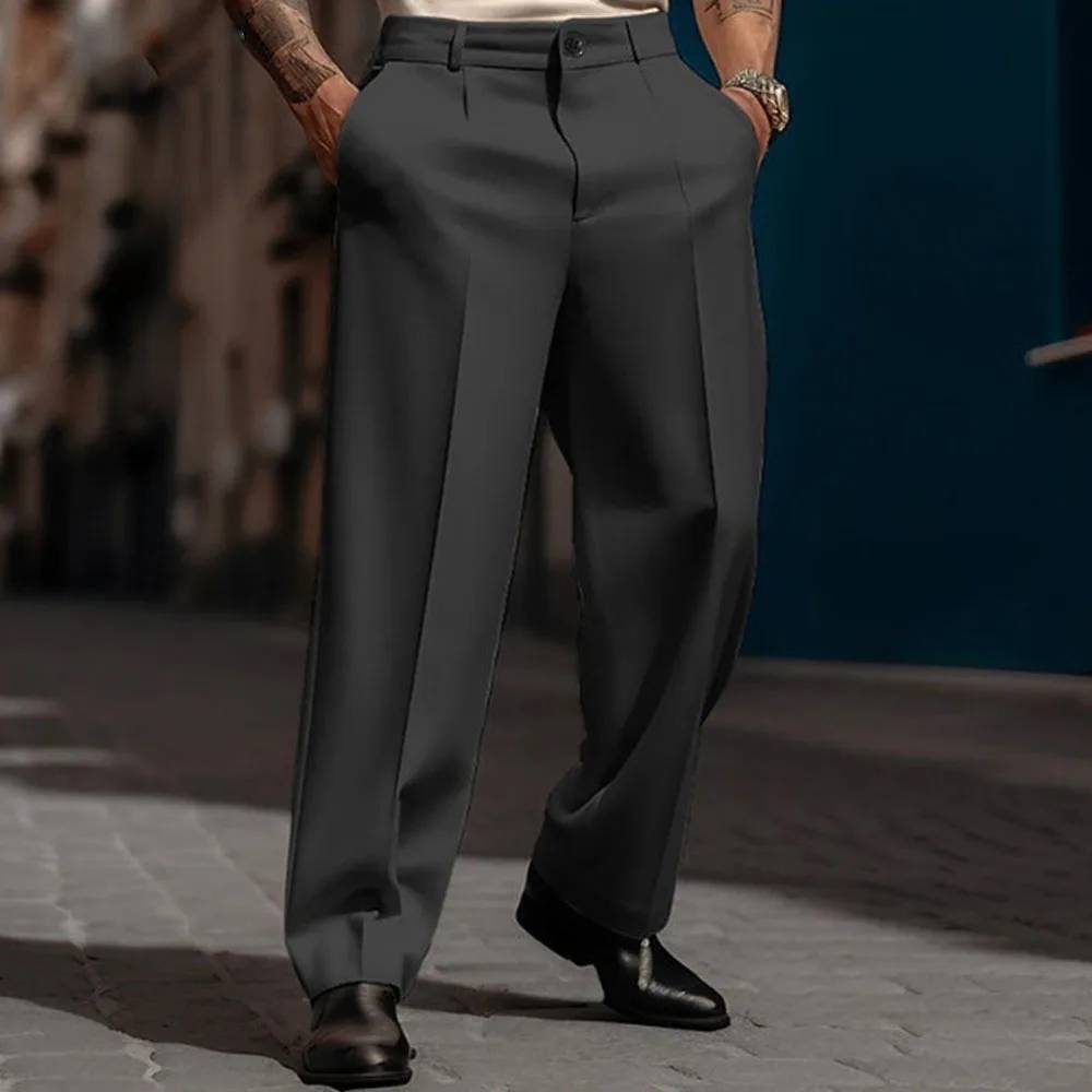 Formal Solid Stand Pocket Straight Trousers