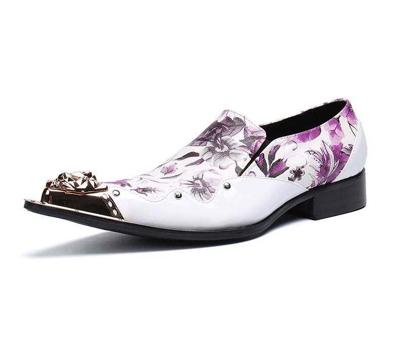 Pointed Metal Tip Toe Floral Print Italy Style Men Shoes