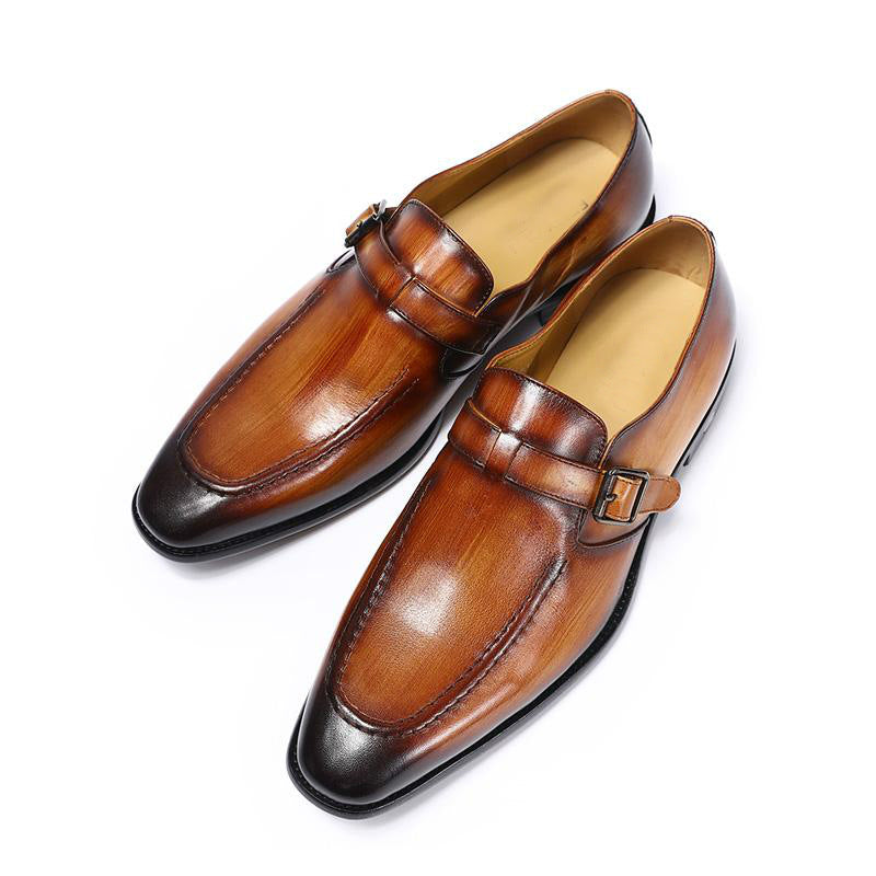 Elegant Handmade Pointed Toe Brown Leather Buckle Strap Men Loafer Shoes - FanFreakz