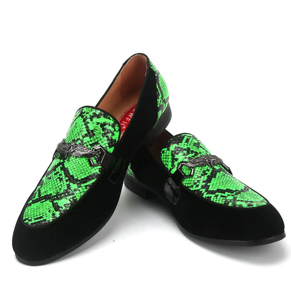 Black Green Snake Pattern Men Loafers Shoes