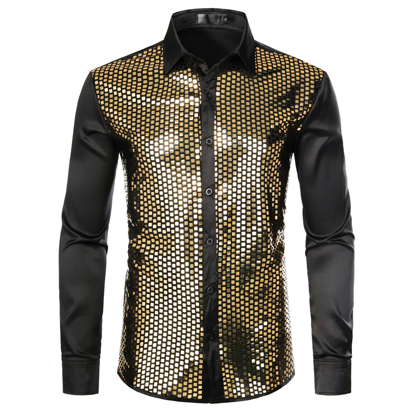 Shiny Gold Sequin Black Silk Men Dress Shirt