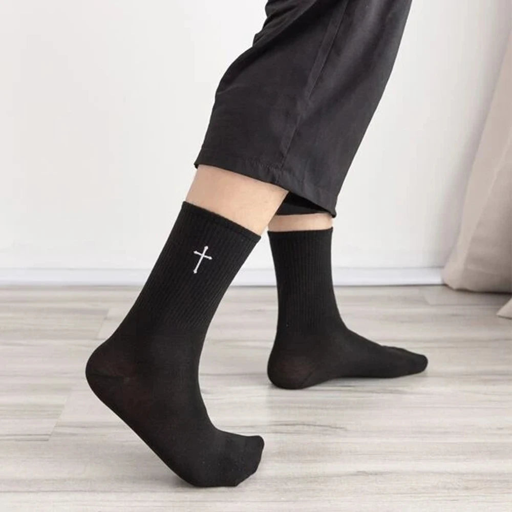 Black White Cross Mid Length Socks