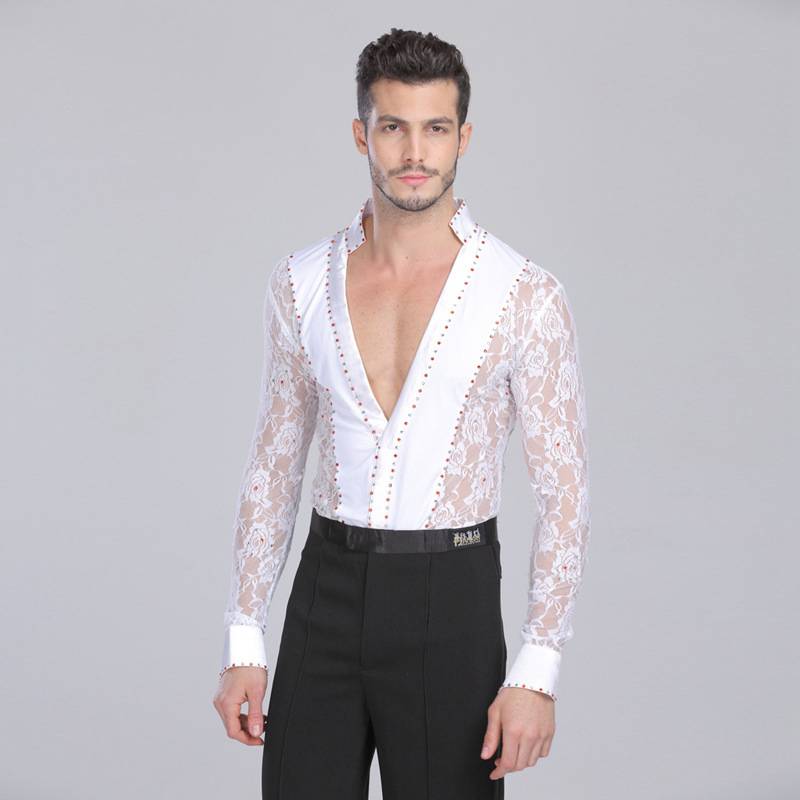 Deep V Lace Long Sleeve Latin Salsa Style Men Shirts