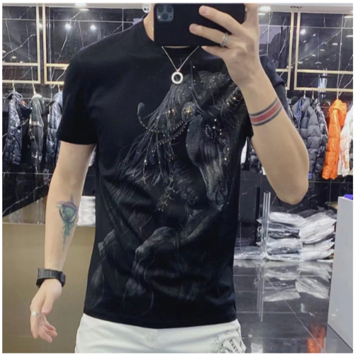 Rhinestones Horse Head Printed Black T-Shirt