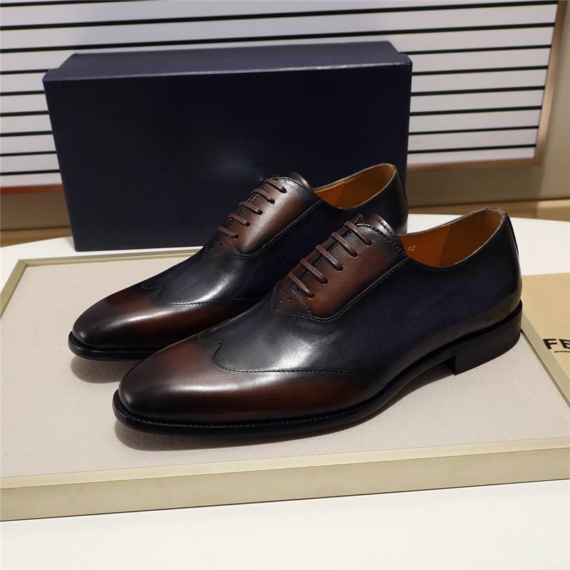 Brown Blue Genuine Leather Formal Style Men Oxfords Shoes