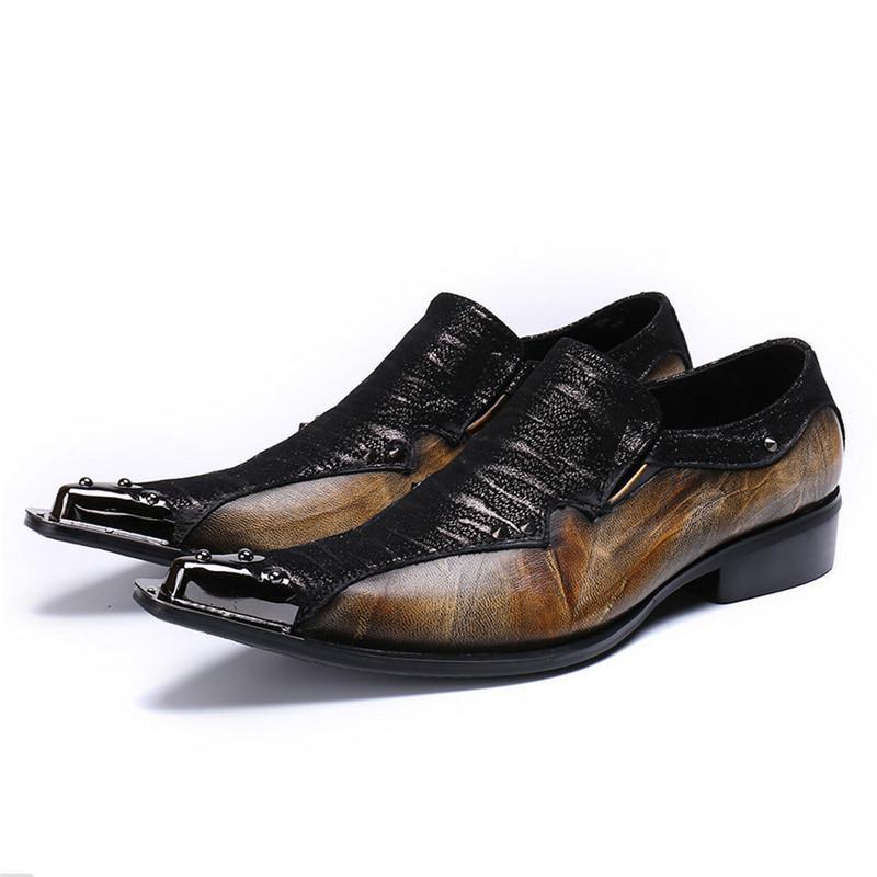 Metal Toe Two Tone Patchwork Black Dark Brown Men Loafers Shoes