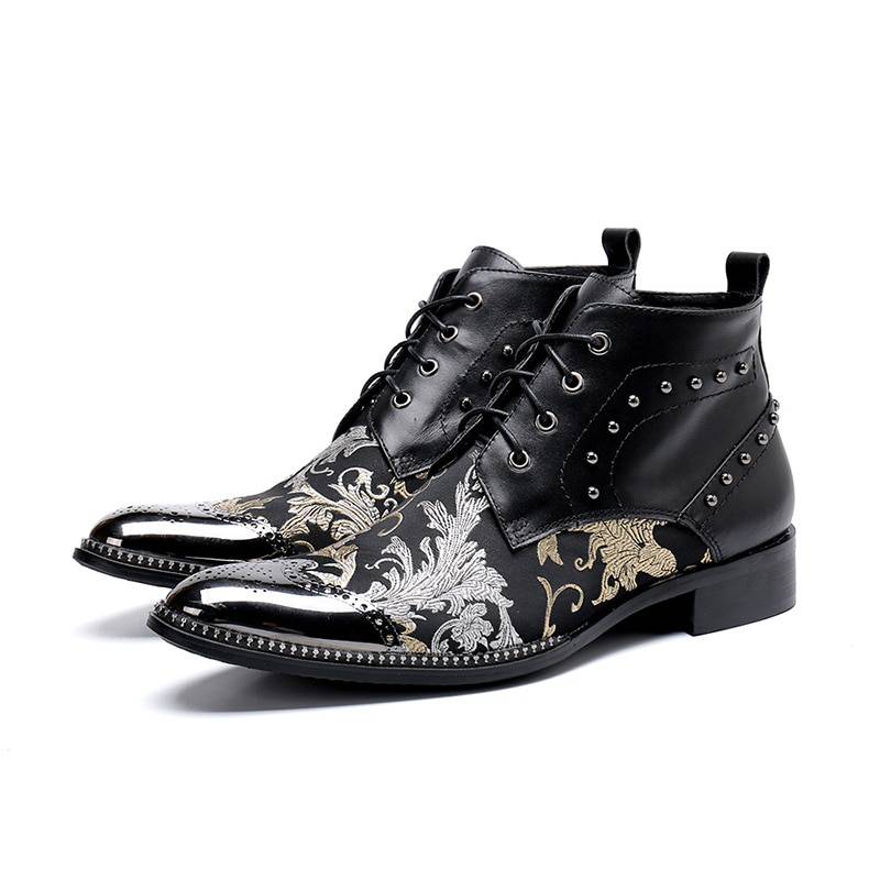 Genuine Leather Baroque Pattern Luxurious Design Men Ankle Boots