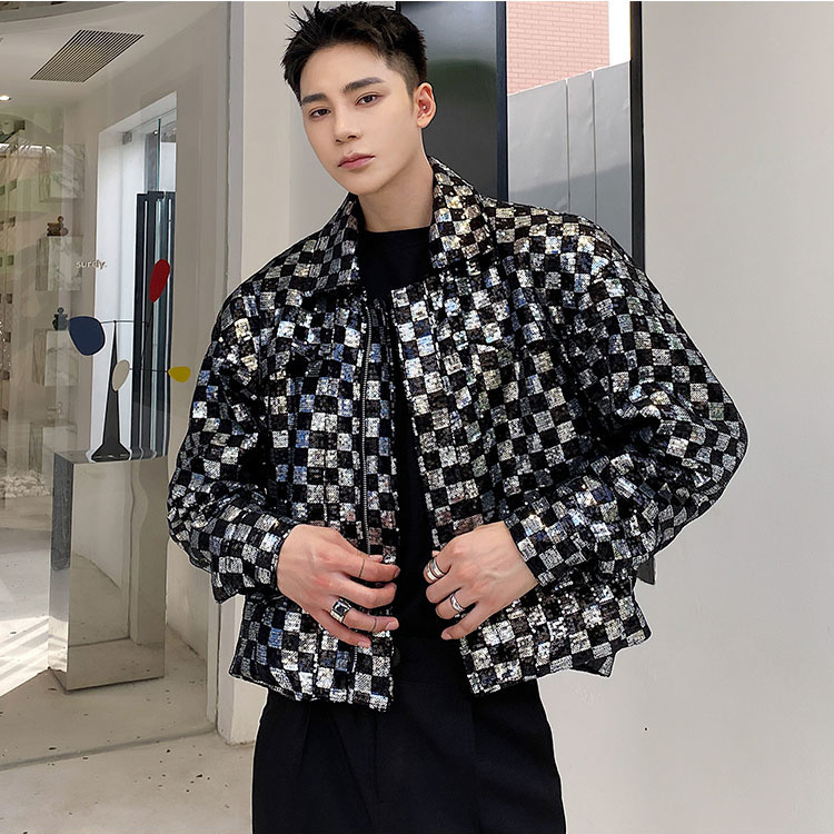 Black Silver Checkered Style Men Jacket