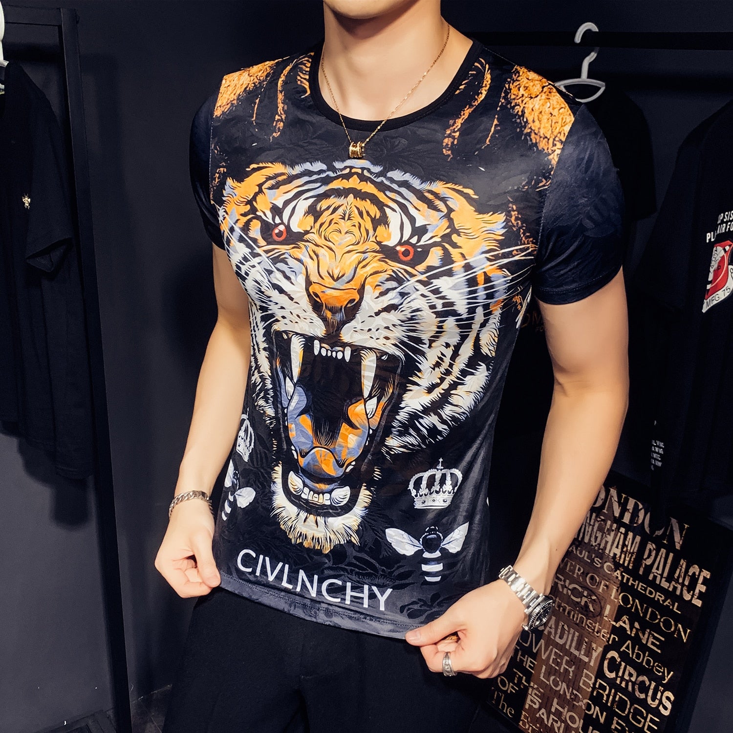 Tiger Head Print Men Ice Silk Stretch T-Shirt