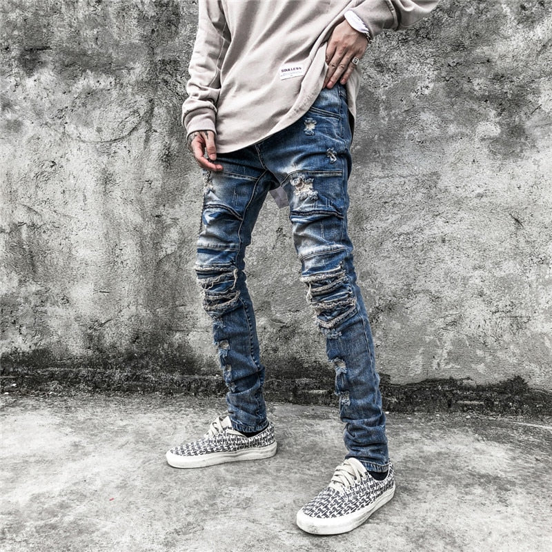 Vintage Blue Slim Fit Ripped Jeans