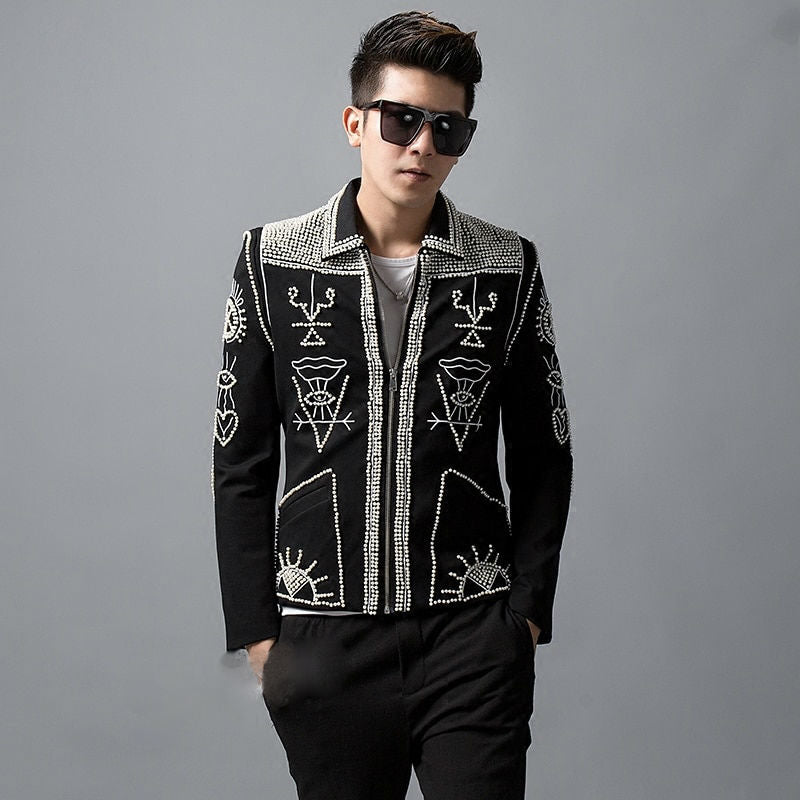 Unique Tribal Art Pattern Sequin Men Black Blazer