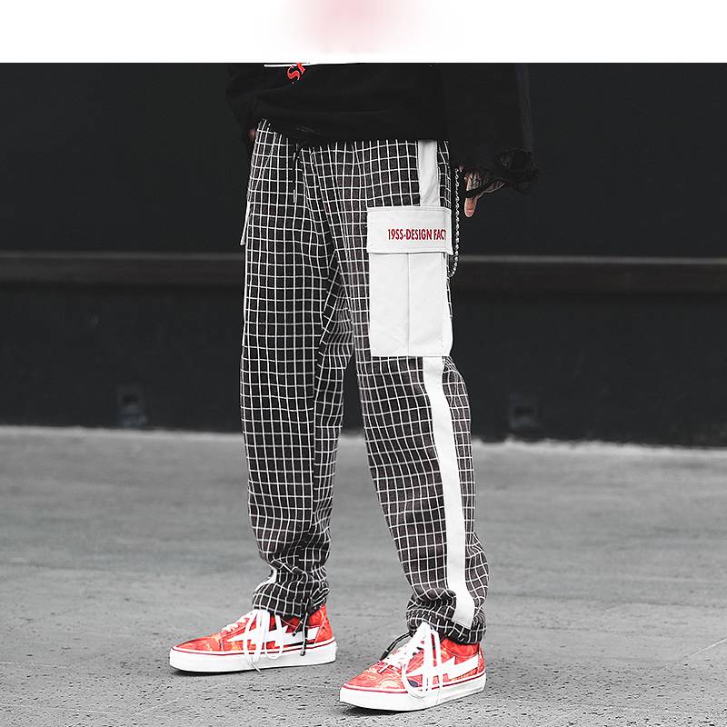 Plaid with Patchwork Side Pocket Streetwear Joggers Hip Hop Casual Men Pants