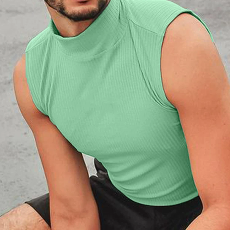 Turtleneck Sleeveless Solid Color Knitted Men Tank Tops