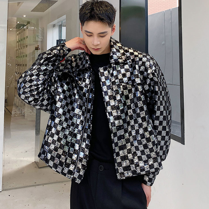 Black Silver Checkered Style Men Jacket