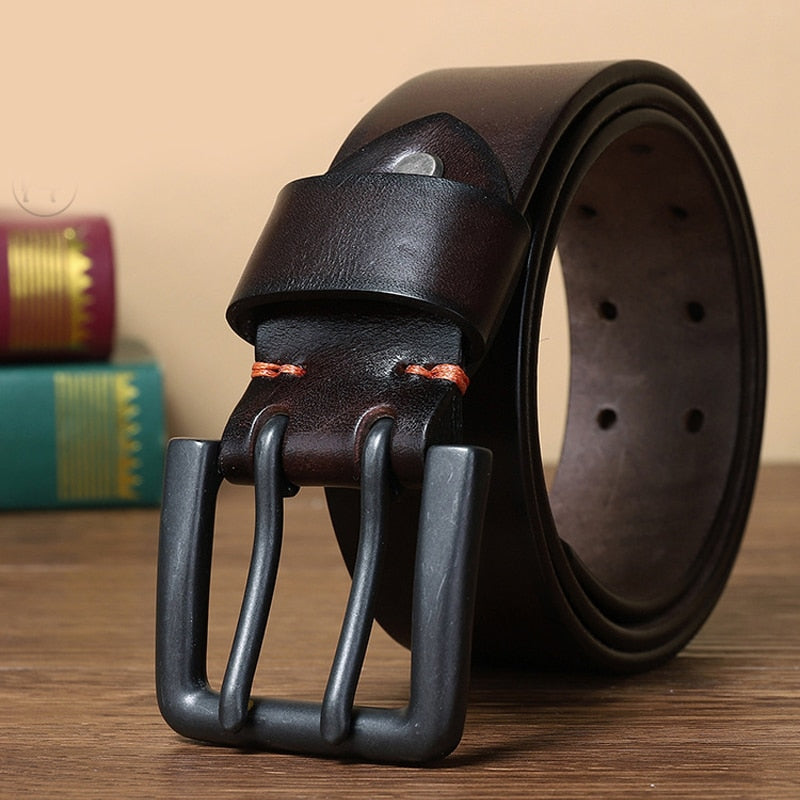 Solid Smooth Genuine Leather Double Pin Buckle Belt