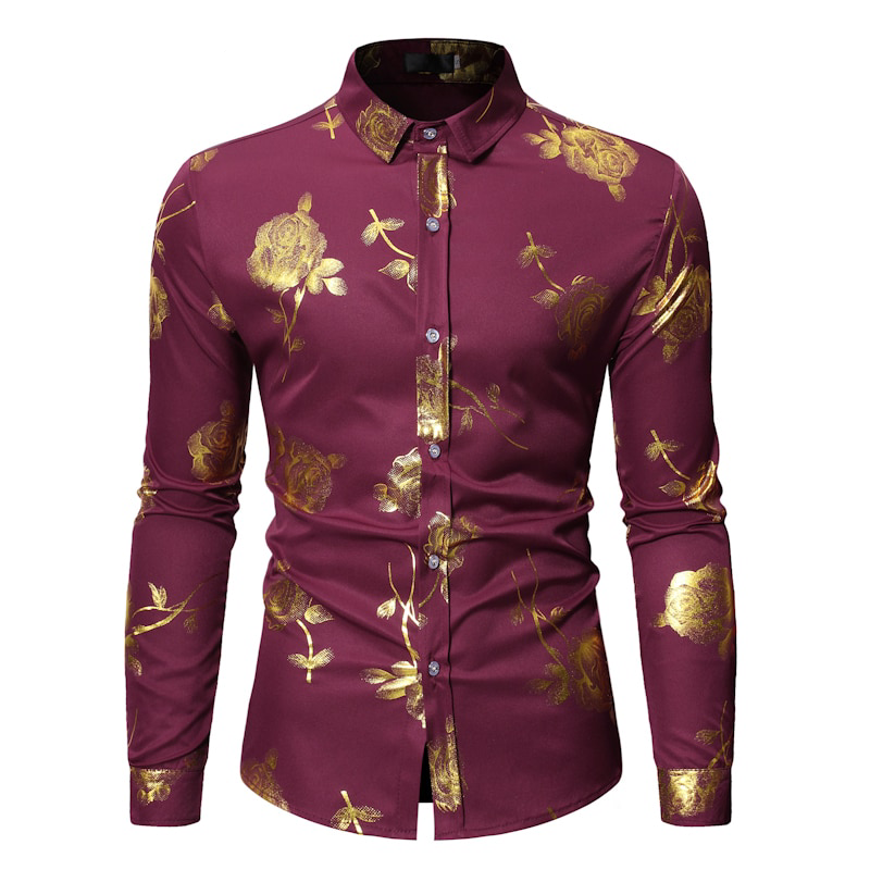 Luxury Gold Floral Bronzing Print Men Dress Shirt