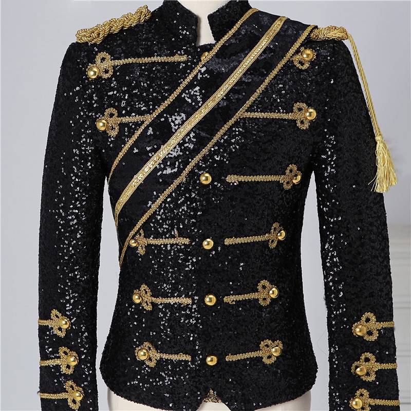 Black and White Sequin Decorated Cotton Polyester Military Blazer