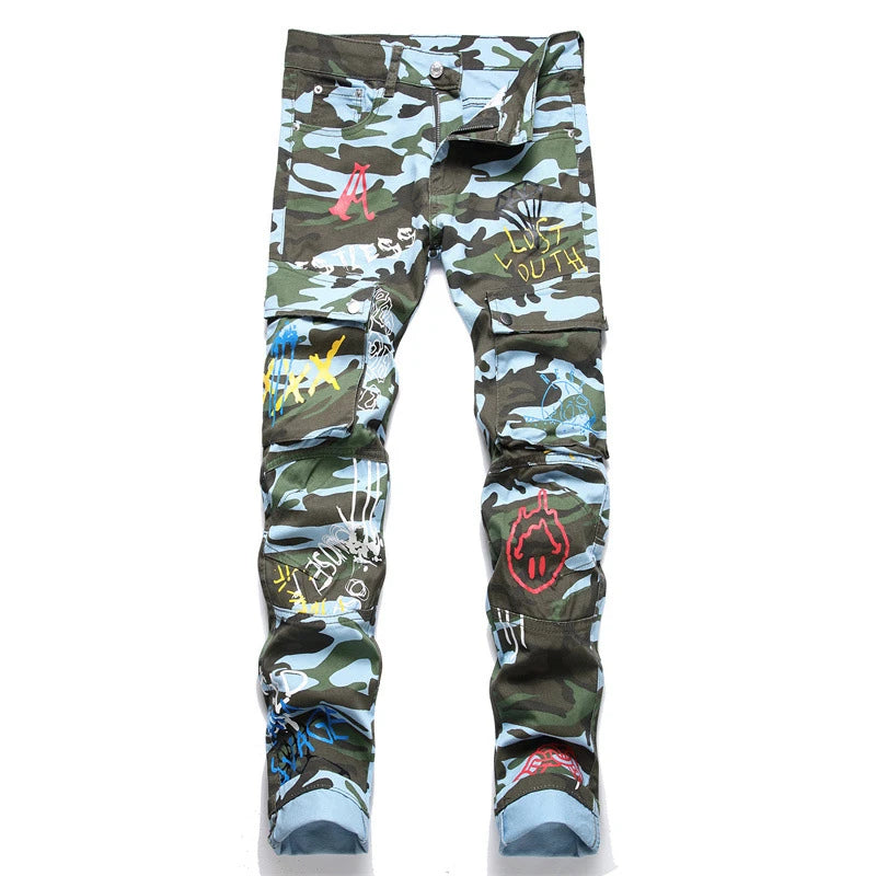 Multi-Pocket Camouflage Color Print Jeans