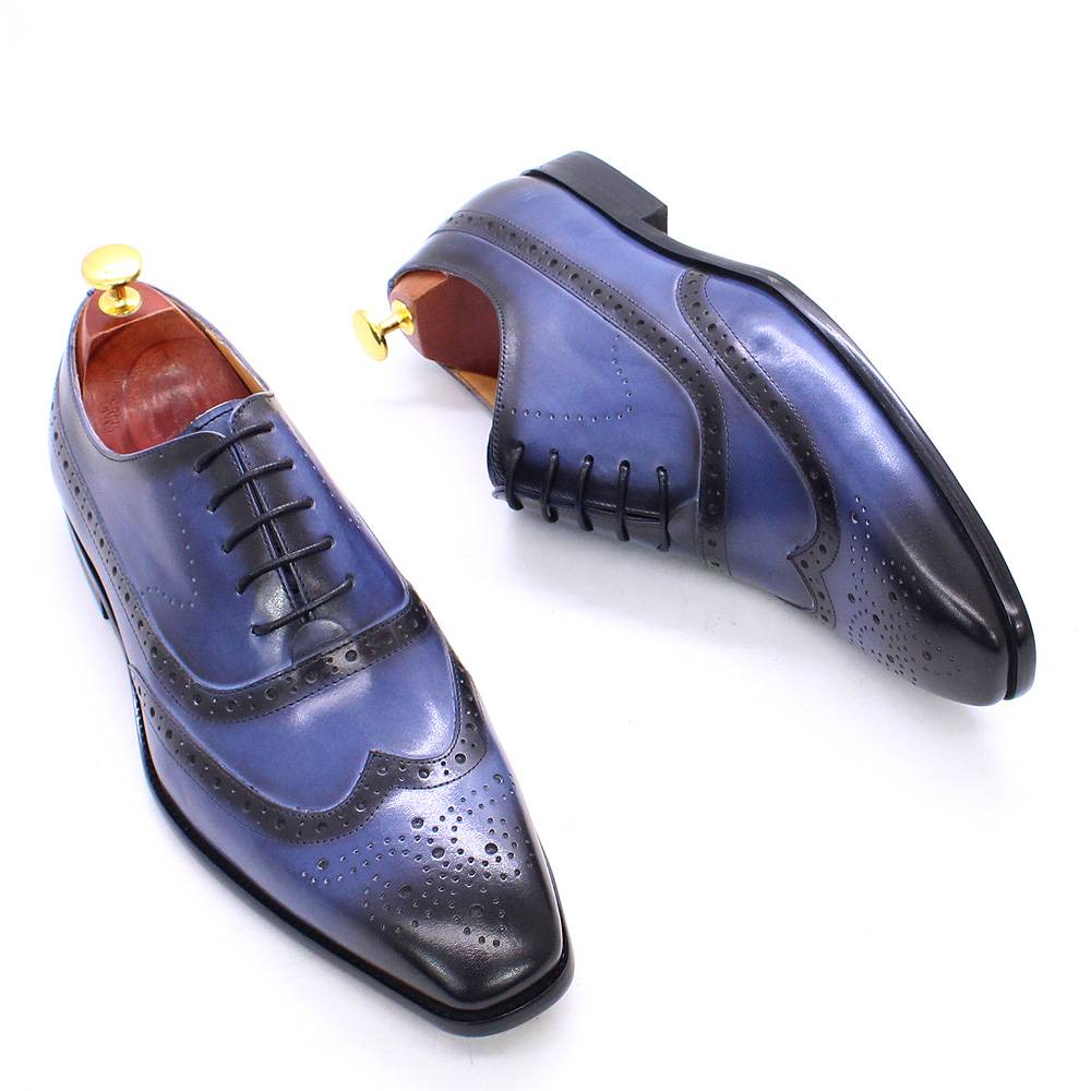 Blue Handmade Lace Up Wingtip Oxford Shoes