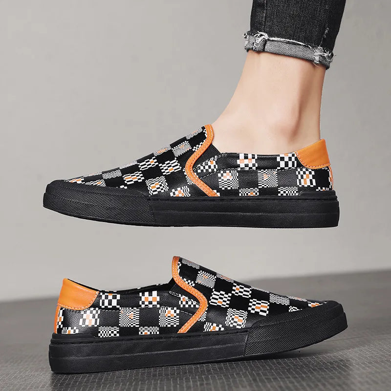 Genuine Leather Checkered Slip-on Sneakers