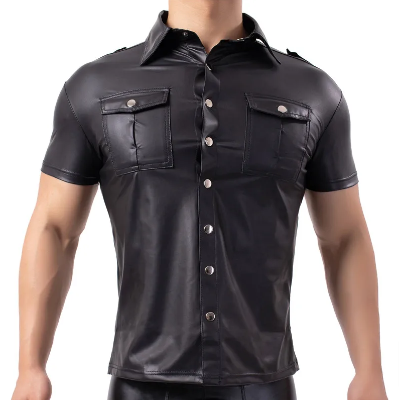 Black PU Sexy Fitness Tops Slim Style Men Shirt