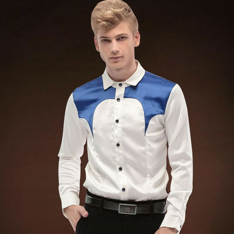 Blue Patchwork On Shoulder Men White Long Sleeve Slim Shirt - FanFreakz