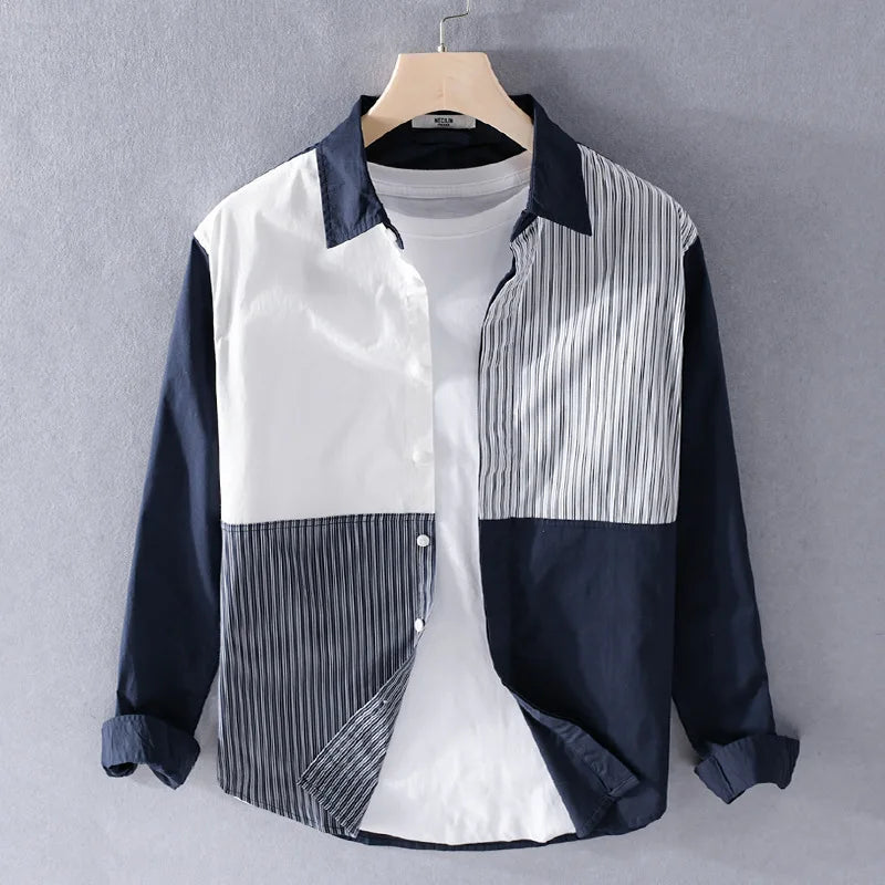 Blue White Stripes Patchwork Shirt