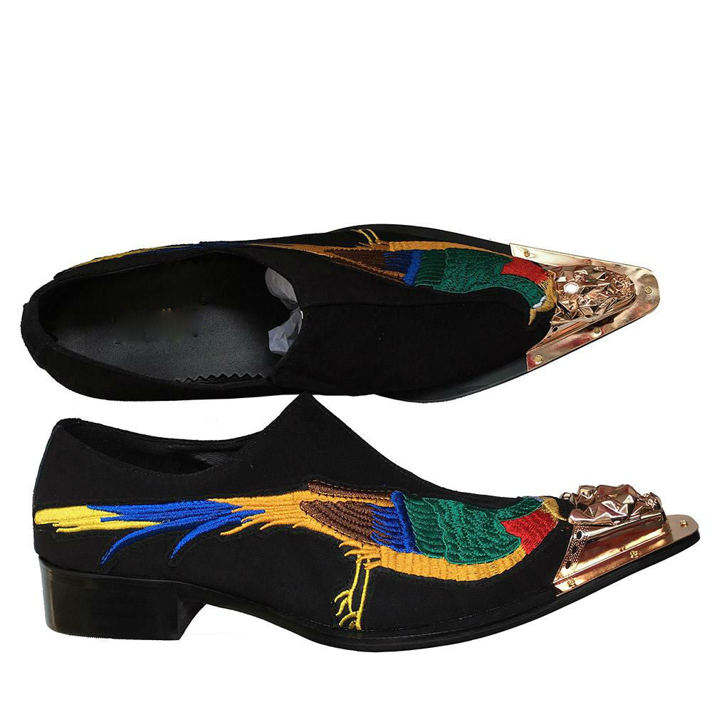 Embroidery Peacock Detail Metal Toe Men Loafers Shoes - FanFreakz
