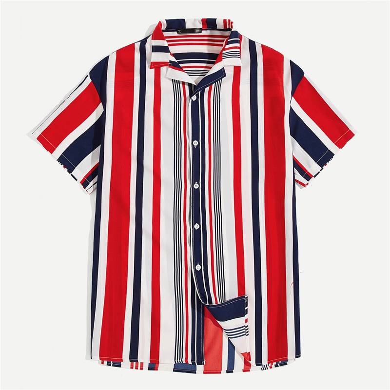 Vertical Stripe Buttoned Short Sleeve Style Men Shirt