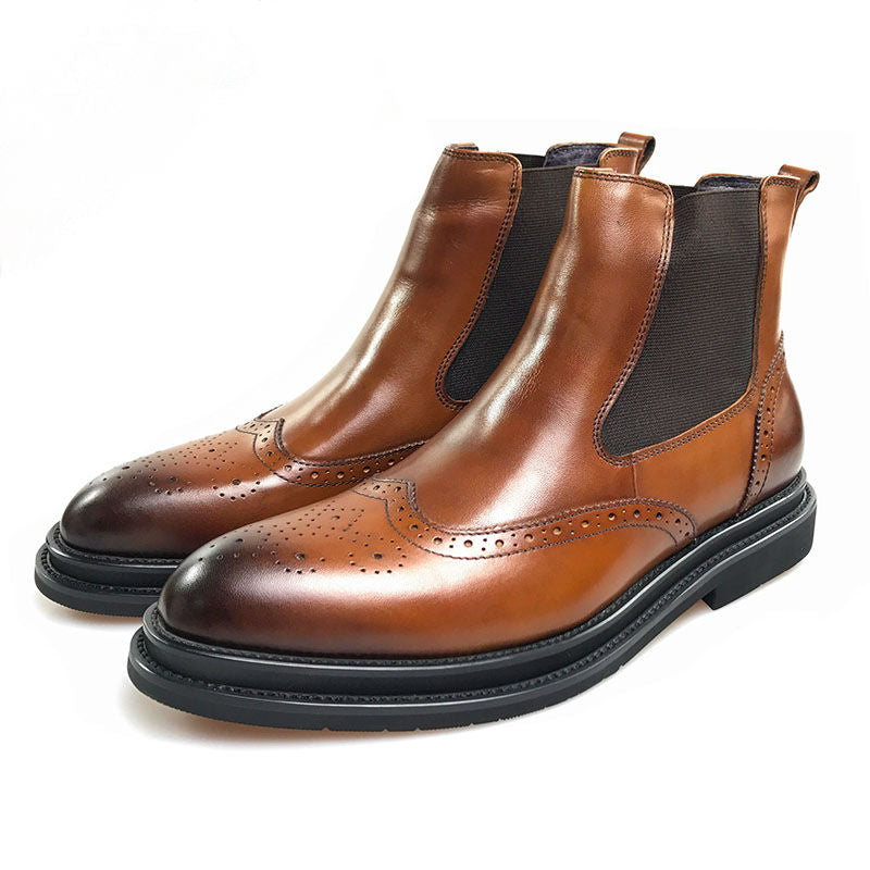 Classic Brown Leather Wingtip Men Chelsea Boots - FanFreakz