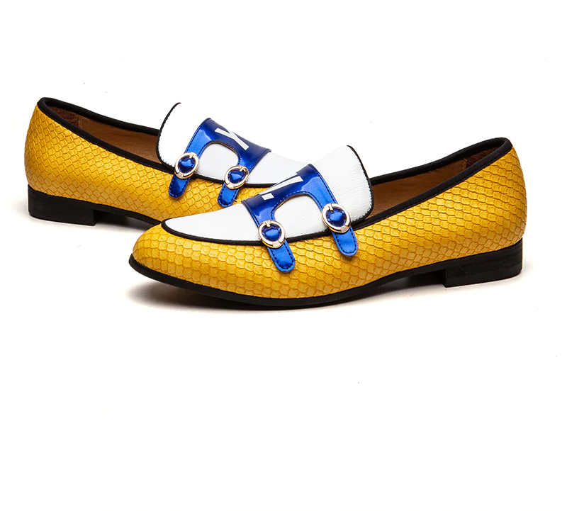 Yellow White Monk Strap Casual Men Leather Shoes