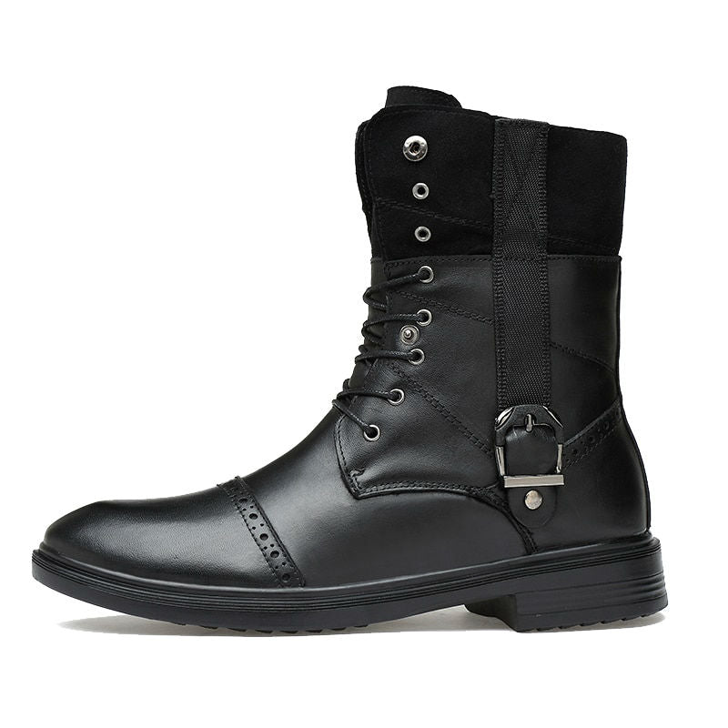 Round Toe Vertical Strap with Lace Up Detail Men Leather Boots