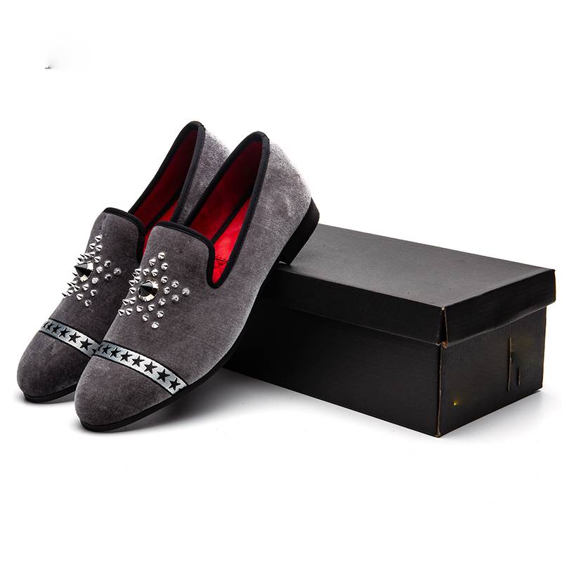 Gray Velvet Star Rivets Men Loafers Shoes