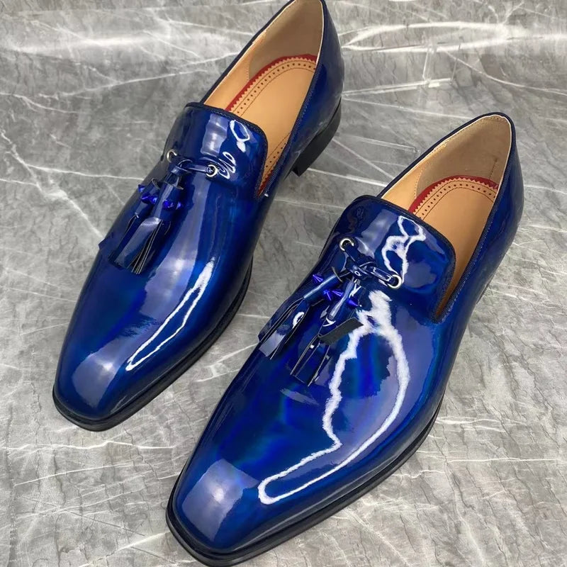 Blue Shiny with Tassels Leather Shoes