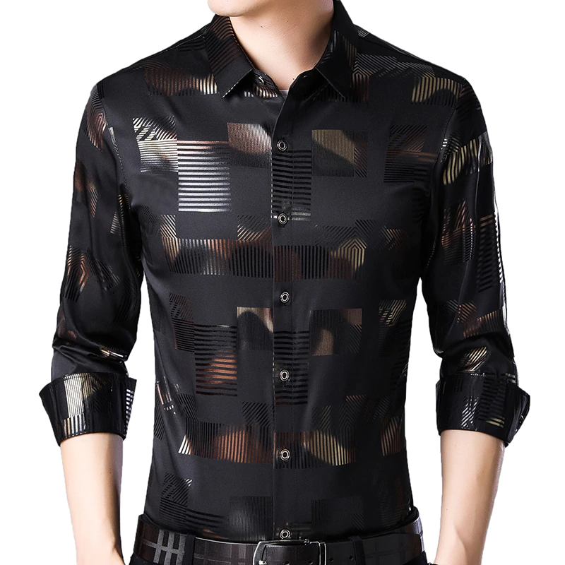 Plaid Stripe Shiny Men Semi Formal Slim Shirt