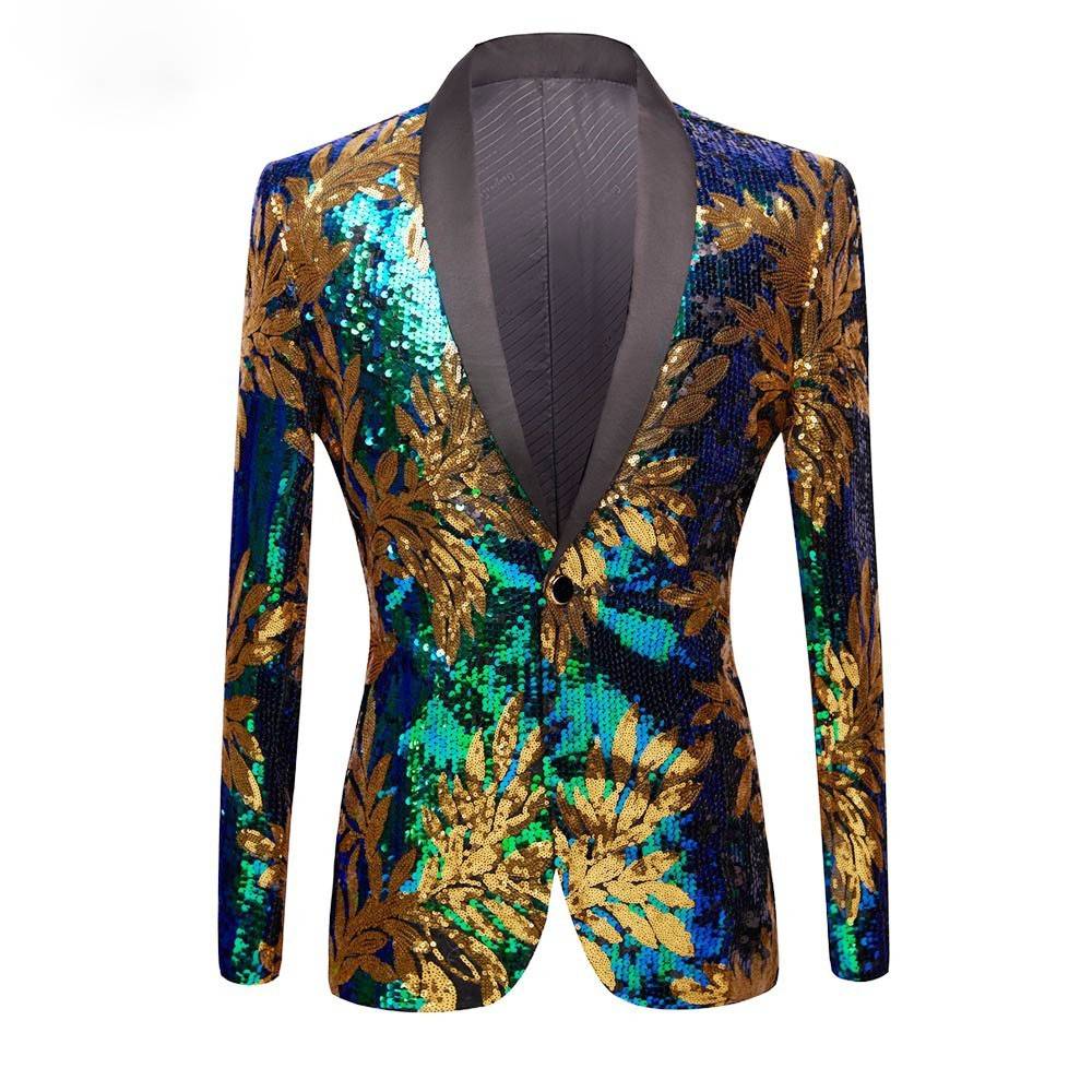 Green Blue Gold Leaves Pattern Sequins Detail Men Blazer