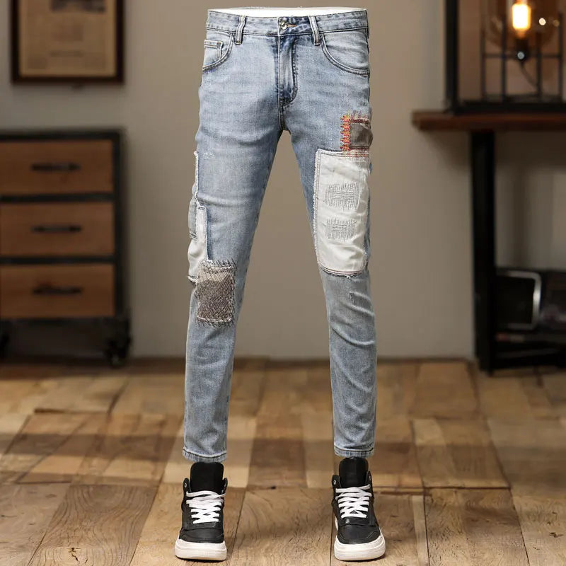 Retro Light Blue Stretch Patchwork Jeans