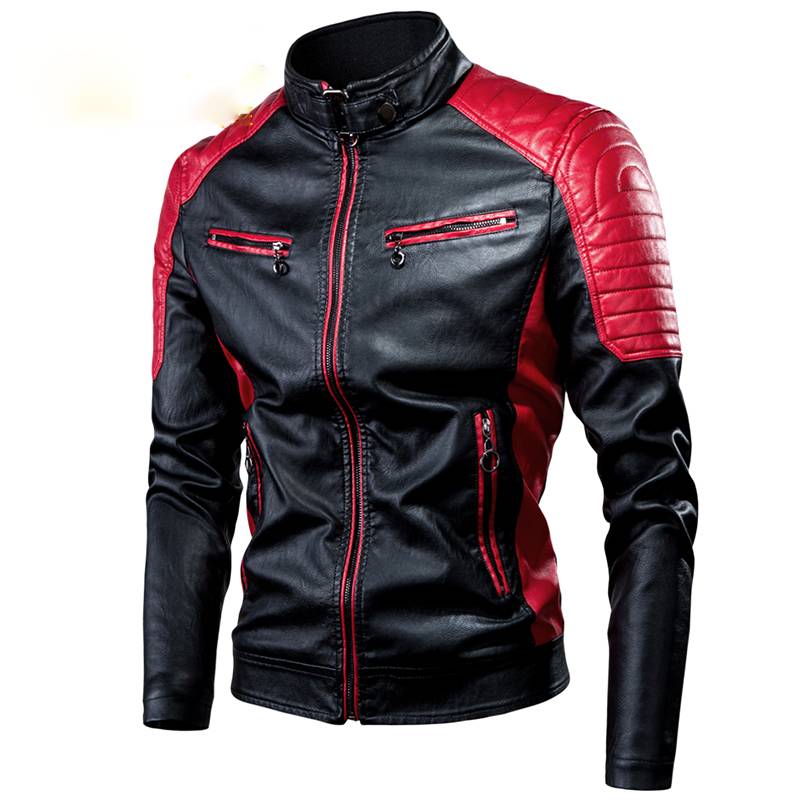 Winter Casual Spliced Fleece Faux Leather Biker Style Men Jacket