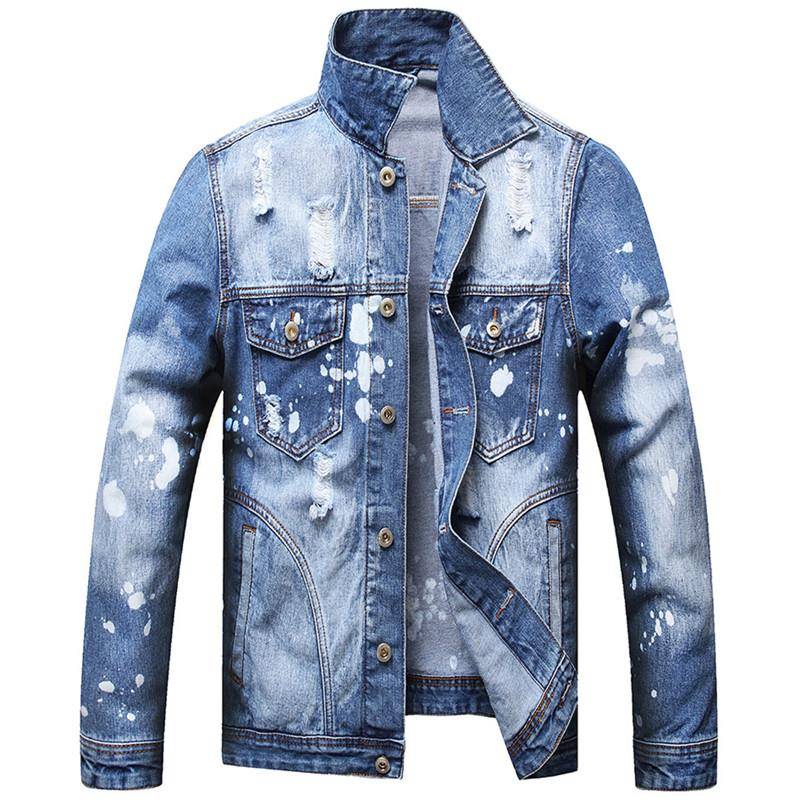 White Paint Stains Decorated Ripped Denim Jacket